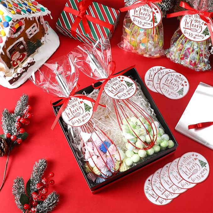 FoldTier 72 Sets 12 Inch Christmas Whisks Gifts DIY Fillable Christmas Tree Ornaments Xmas Colored Silicone Whisks for Cooking Heat Resistant Egg Beaters with Card Rope Bag for Candy Holder