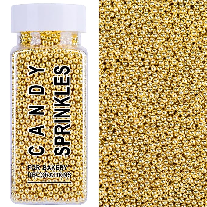 Gold Sprinkles, 2mm Gold Edible Pearls for Cake Decorating, 4.6oz Nonpareils Sprinkles for Baking, Cupcake, Cookie, Ice Cream Toppings, Super Shiny Wedding Party Christmas New Years Holiday Supplies