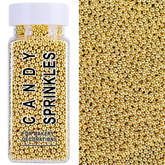 Gold Sprinkles, 2mm Gold Edible Pearls for Cake Decorating, 4.6oz Nonpareils Sprinkles for Baking, Cupcake, Cookie, Ice Cream Toppings, Super Shiny Wedding Party Christmas New Years Holiday Supplies