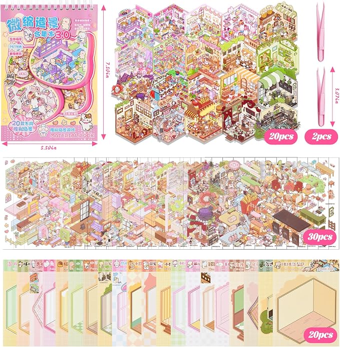 20 Sets DIY 3D Sticker Scene Collection Book DIY 3D House Stickers Make Your Own Sticker Therapy Cute Cartoon Stickers Scenes for Relief Stress Pass The Time (Pink - 20 Sets)