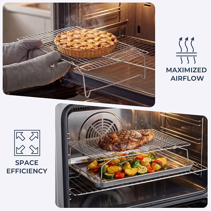 E-far Collapsible Cooling Rack for Cooking and Baking - 15”x10” Stackable Tight-Wire Stainless Steel Cookie Rack for Baking Sheet, Oven, Roasting, Dishwasher Safe & Space Saving, 2-Tier