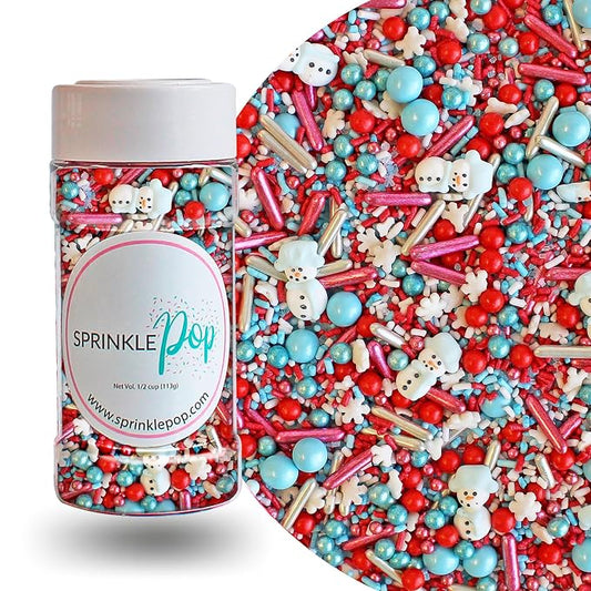 Sprinkle Pop Oh Snow Cute Sprinkle Mix| Red White Icy Blue Sprinkles with ~10 Cute Snowmen Royal Icings & White Snowflakes| Christmas Sprinkles Made in USA for Decorating Cakes Cupcakes Cookie, 4oz