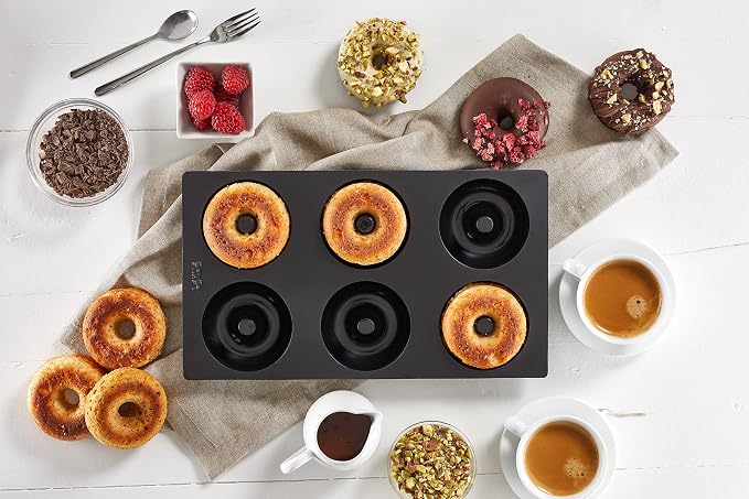 Lékué Platinum Silicone Donut Mold | 6 Non-Stick Holes For Baking - No Grease Needed | Pop-Out Oven Cake Molds | Heat-Resistant, Freezer Safe, Microwave Safe, Dishwasher Safe | Black