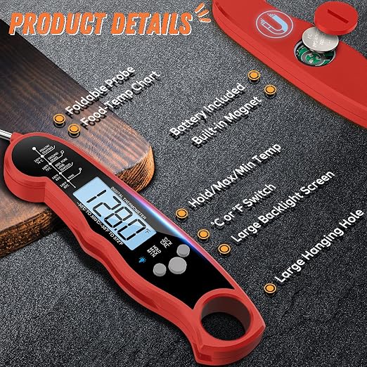 Instant Read Meat Thermometer for Grill and Cooking, Fast & Precise Digital Food Thermometer with Backlight, Magnet, Calibration, and Foldable Probe for Kitchen, Outdoor Grilling and BBQ!…