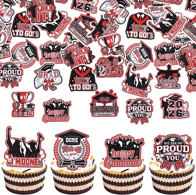 60 PCS Edible 2026 Graduation Cupcake Toppers Diploma Congrats Grad Cap Class of 2026 Cake Decorations Edible 2026 Graduation Decorations for 2026 Graduate Party Cake Decorations Supplies Black Red