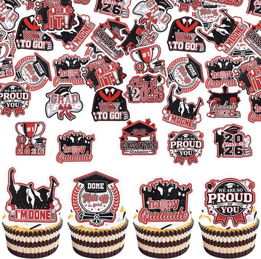 60 PCS Edible 2026 Graduation Cupcake Toppers Diploma Congrats Grad Cap Class of 2026 Cake Decorations Edible 2026 Graduation Decorations for 2026 Graduate Party Cake Decorations Supplies Black Red