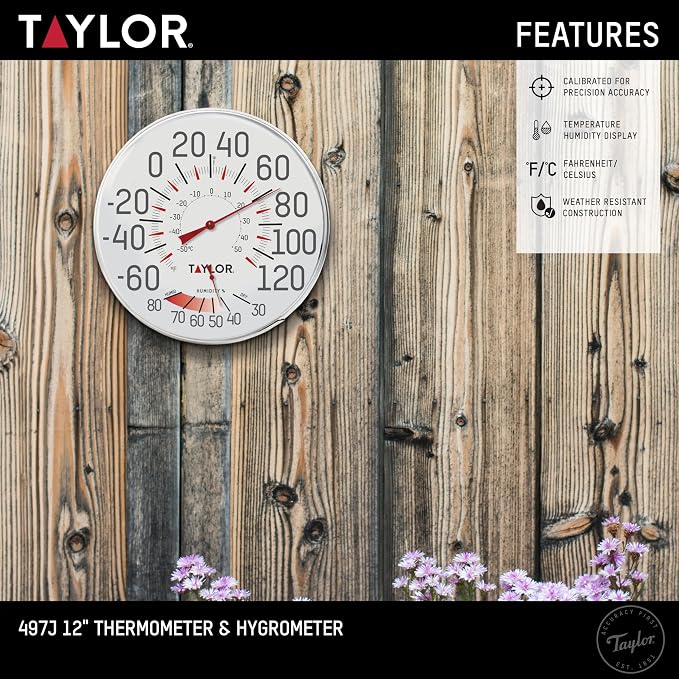 Taylor Metal Wall Indoor Outdoor Thermometer and Hygrometer, Easy to Read Numbers for Patio, Pool, and Indoor Areas, 12 inch, White (Pack of 5)