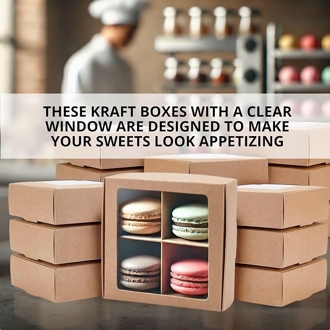 30PCS Cookie Boxes Brown with Window - 4 x 4 x 1.2 Inch Sturdy Packaging for Baked Goods Small Bakery Containers for Pastries Gift Giving Bulk Food Storage Rustic Display for Treats and Desserts