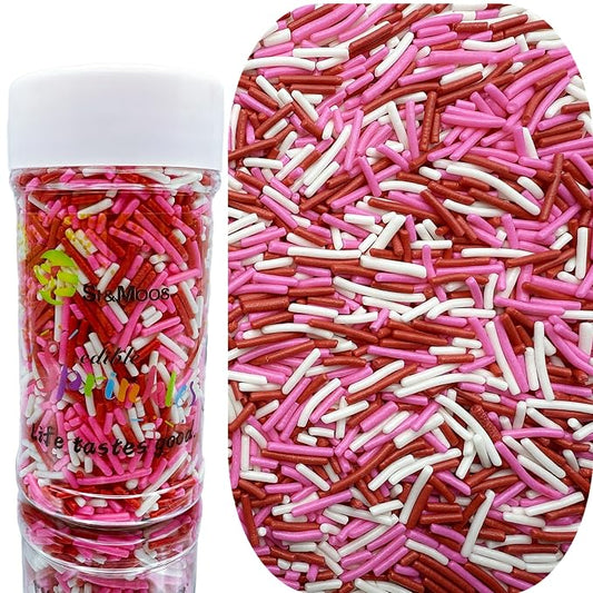 SE Si&Moos Valentines Jimmy Sprinkles Red Pink and White Jimmies Sprinkles for Cake Decorating Edible Valentines Cake Decorations Edible Crunchy Jimmies for Topping Ice Cream, Cookies, Cupcakes, Dessert Decorating 3 OZ