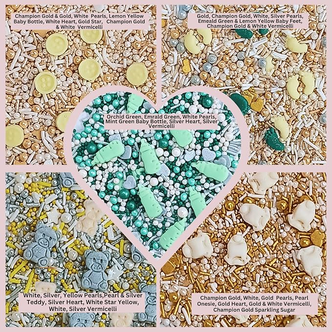 Confect Neutral Baby Shower Sprinkles | Gender Reveal Sprinkles | Pack of 5 Mix Teddy Bears, Baby Feed Bottles & Baby Feet Sprinkle | Vegan, Gluten-Free, Nut-Free, Soy-Free, Dairy-Free, Palm Oil-Free - 5 Oz