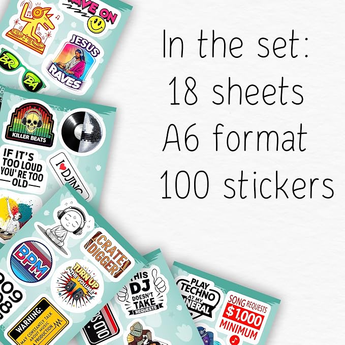 100Pcs DJ Stickers and Decals for Laptop, Water Bottle - DJ Gifts & Party Supplies - Rave, Music Stickers - Gift for Women & Men