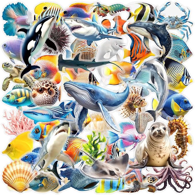 50 Pcs PET Transparent Underwater World Stickers, Waterproof Vinyl Marine Life Decals for Laptop Skateboard Luggage, Colorful Ocean Creature Stickers Gift for Kids Teens Adults(The Underwater World)