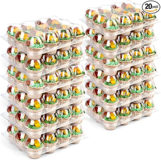 LotFancy (12 Count x 20 Sets) Cupcake Containers, Plastic Cupcake Boxes Holderd with 240 Liners, BPA Free, Disposable Cupcake Carrier Holder with Detachable Tall Dome Lid