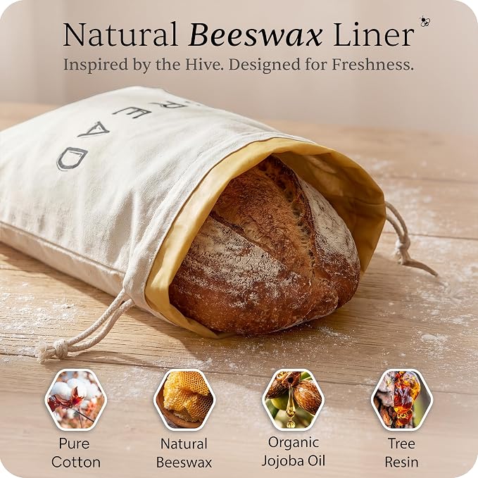 Leafico Bread Bag Set – 2 Cotton Loaf Bags + 1 Baguette Bag with Beeswax Liner – Reusable Storage for Sourdough, Crusty Bread, Artisan Loaves – Washable, Freezer Safe, Eco Alternative