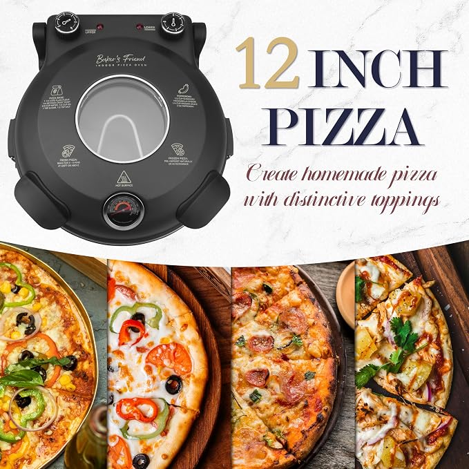 Baker's Friend Electric Pizza Oven Indoor Countertop, 12 Inch Pizza Maker Machine for Home, Pizza Cooker & Grill, Premium Glazed Ceramic Stone, Graphite Gray