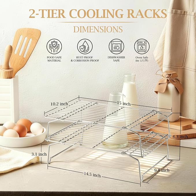 LIANYU Cooling Rack 15"x10" 2 Pack, 2-Tier Stackable & Collapsible Stainless Steel Baking Wire Racks for Cooking, Baking, Roasting and Drying, Oven & Dishwasher Safe, Silver