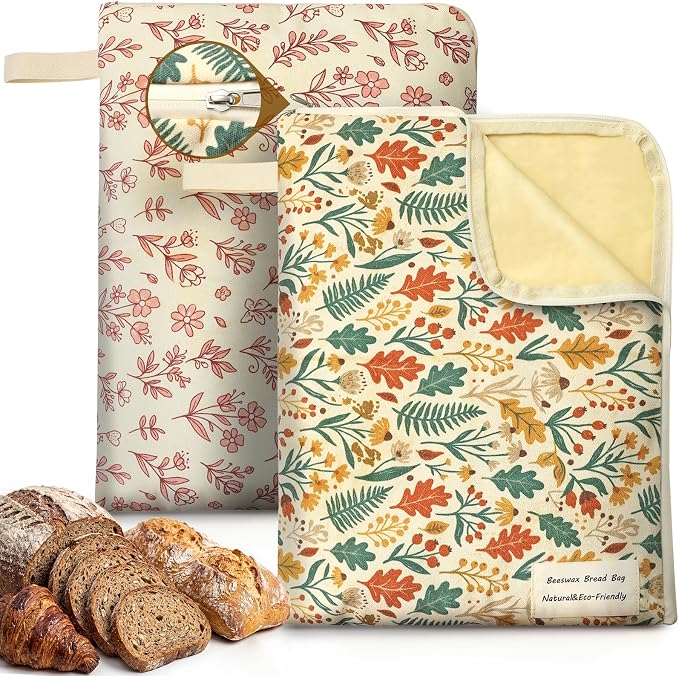 2 Packs Wide Zipper Access Beeswax Bread Bags for Homemade Bread,17"x12.6"Reusable Organic Beeswax Linen Cotton Sourdough Bag,Food Storage Bag,Freezer-Friendly with Water-Resistant Zip to Keep Fresh 1