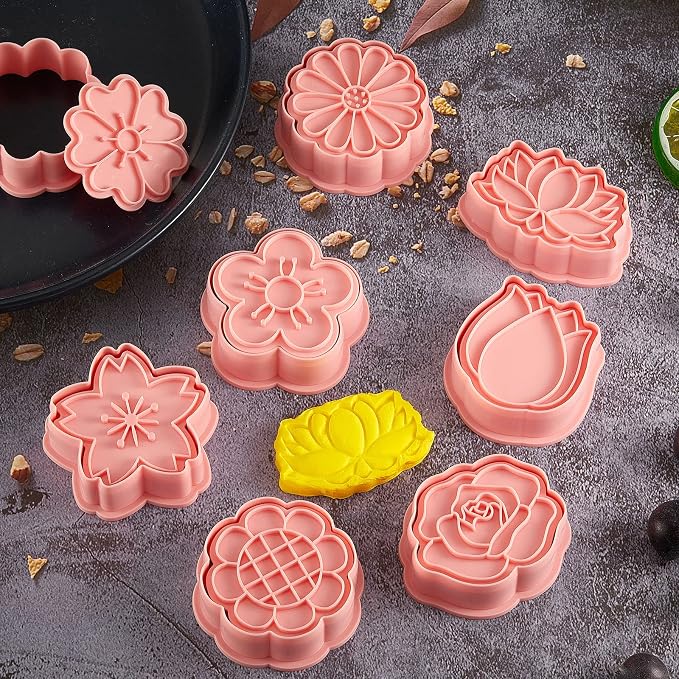 Vesici 8 Pcs Small Flower Cookie Cutter Set 2 Inches with Plunger Stamp 3D Lotus Rose Daisy Sunflower Cookie Stamps for Wedding Bridal Shower Graduation Summer Party Decorating Baking Supplies