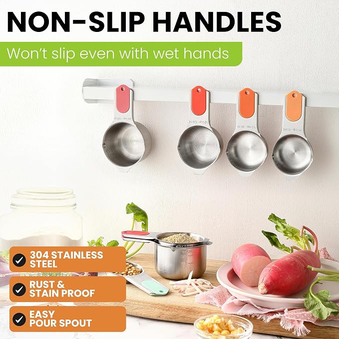 Spring Chef Magnetic Stainless Steel Measuring Cups, Patented, Kitchen Tools with Easy to Read Markings for Measuring Dry or Liquid Ingredients, Set of 7, Desert Sunset