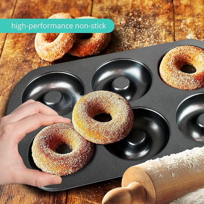 GEEOOLLAH Nonstick Donut Pan Set – 2-Piece Bakeware with 6-Cavity Mini and 12-Cavity Standard Molds, Durable Carbon Steel, Scratch-Resistant, Even Heating