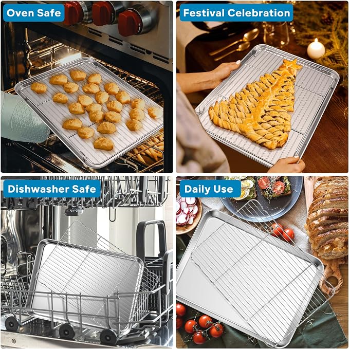 Herogo Stainless Steel Half Sheet Baking Pan with Rack Set(1 Pans + 1 Racks), 18" x 13" x 1" Large Metal Baking Tray with Cooling Rack Set for Oven Roasting, Rust & Warp Resistant & Nonstick