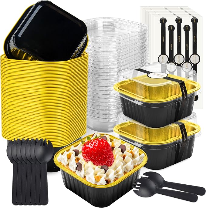 NPLUX 50 Pcs Mini Square Baking Cups with Lids and Spoons Aluminum Foil Mini Cake Pans with Lids Disposable Ramekins Cake Pans Dessert Cups for Wedding, Graduation Gifts Party Favors(Black Gold,5oz)