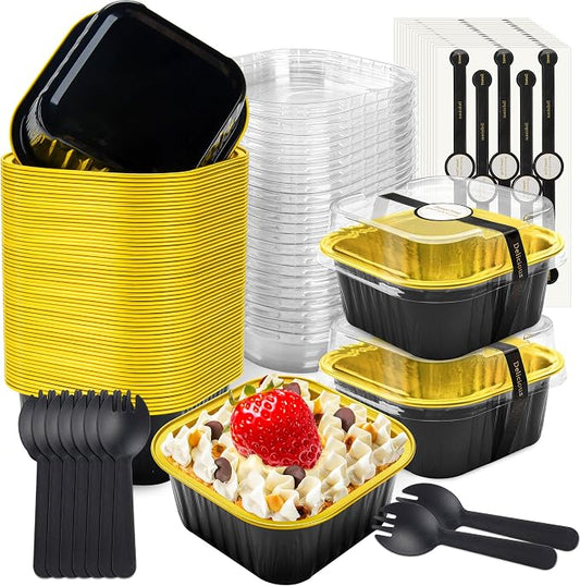 NPLUX 50 Pcs Mini Square Baking Cups with Lids and Spoons Aluminum Foil Mini Cake Pans with Lids Disposable Ramekins Cake Pans Dessert Cups for Wedding, Graduation Gifts Party Favors(Black Gold,5oz)