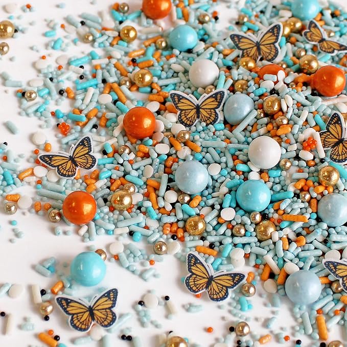 Sprinkle Pop Monarch Butterfly Sprinkle Mix| Blue Orange Sprinkles with ~10 Butterfly Wafer Paper and Gold Dragees| Decorating Sprinkles Made In USA for Mother’s Day Cupcakes Cakes Cookies Donuts, 2oz