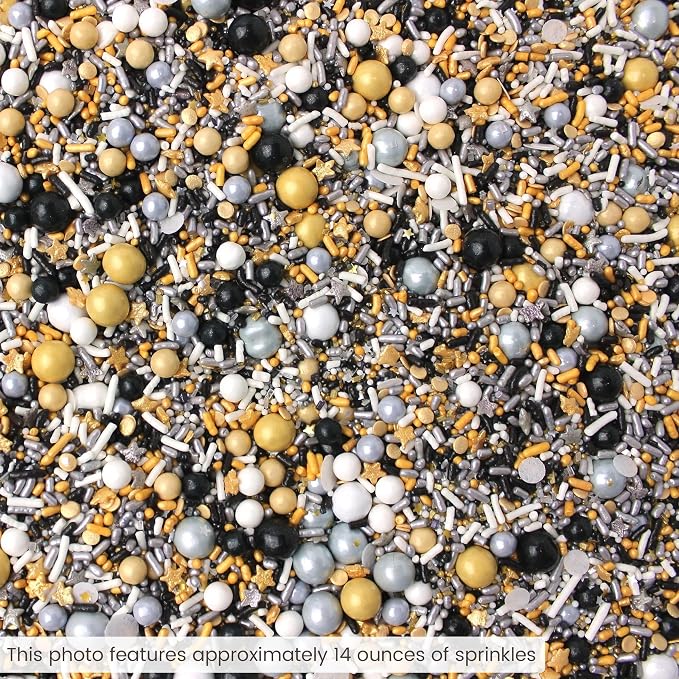 Sprinkle Pop Meet Me At Midnight Sprinkle Mix| White Silver Black Gold Sprinkles with Stars| New Years Graduation Wedding Sprinkles Made in USA for Decorating Cakes Cookies Cupcakes Ice Cream, 2oz