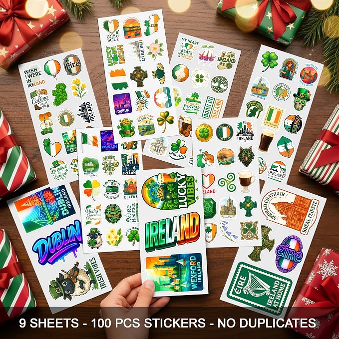 100 PCS Ireland Stickers Pack, Irish Travel Vinyl Waterproof Decals of Dublin Wexford Shamrock Clover Celtic Cross and Irish Culture Heritage for Laptop Water Bottle Scrapbook Adult Gift