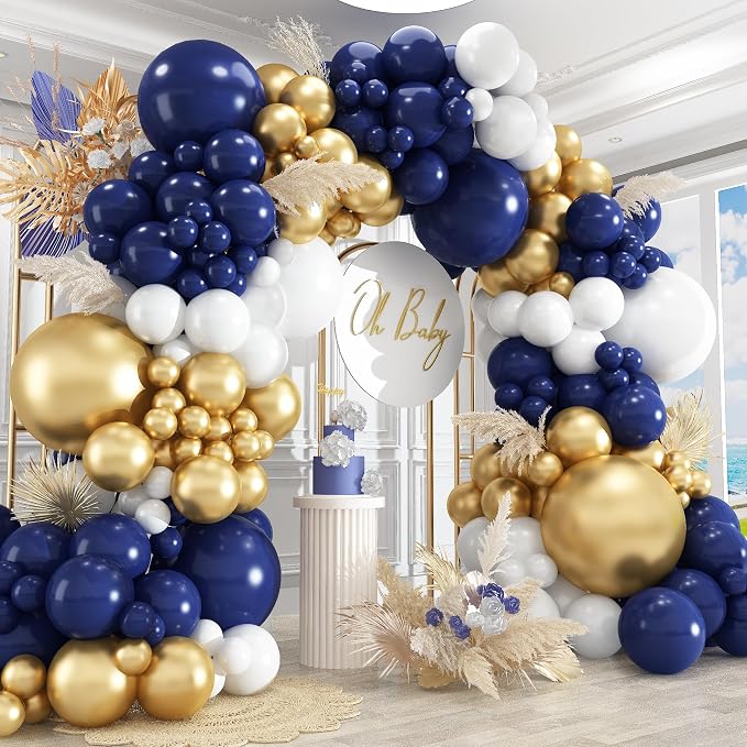 412Pcs Navy Blue and Gold Balloons Arch Garland Kit,5 10 12 18 inch gold and blue balloons for Birthday, Wedding, Graduation, Anniversary Decorations