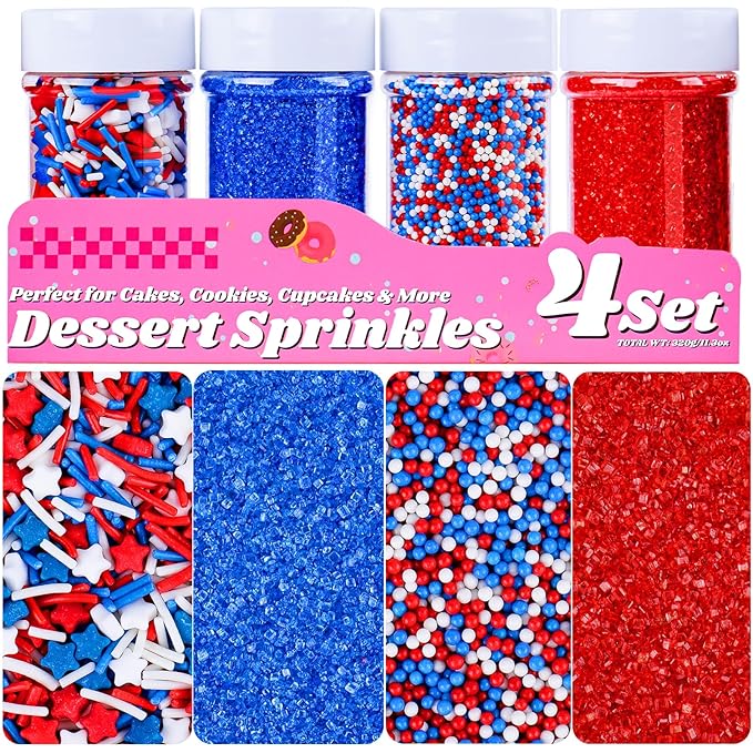Red White and Blue Sprinkles, 11.3oz/320g Edible Patriotic Sprinkles Mixed Star Nonpareils Jimmies Sanding Sugar, 4th of July Sprinkles 4 Jars Set for Baking Cakes Cupcakes Cookies Ice Cream