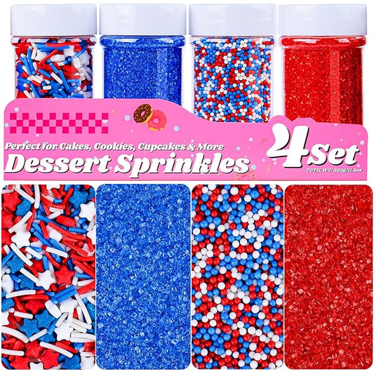 Red White and Blue Sprinkles, 11.3oz/320g Edible Patriotic Sprinkles Mixed Star Nonpareils Jimmies Sanding Sugar, 4th of July Sprinkles 4 Jars Set for Baking Cakes Cupcakes Cookies Ice Cream