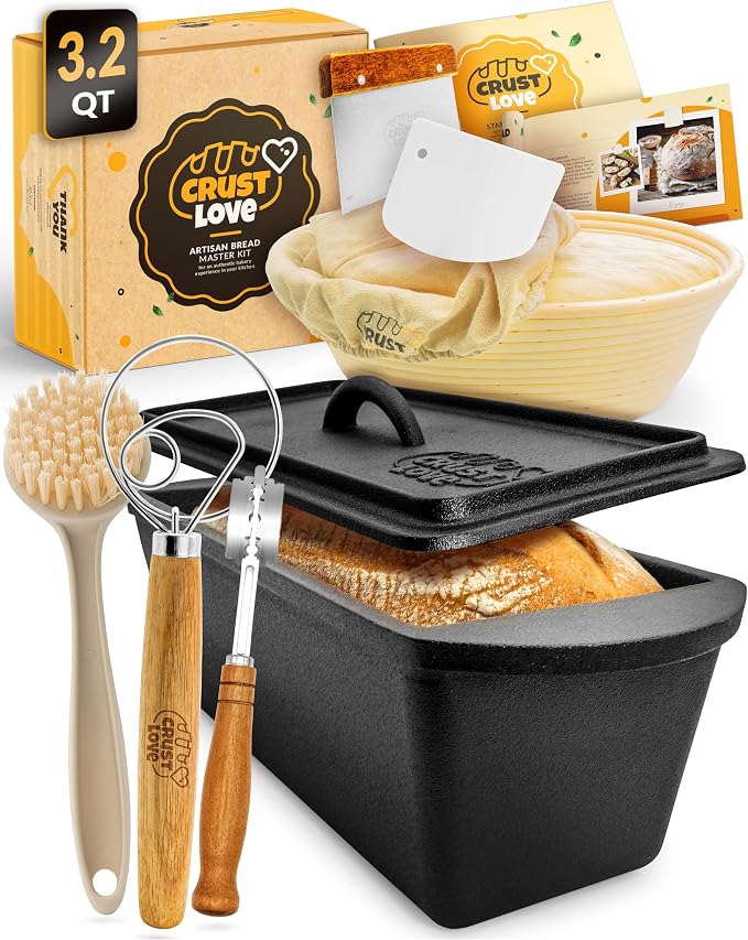 CRUSTLOVE Rectangular Cast Iron Dutch Oven for Bread Baking - incl. Sourdough Bread-Baking Supplies - 3.2QT Bread-Pan for Homemade-Bread, Sour dough Bread-Pans with Lid, Bread-Oven, Bread-Baking-Pan
