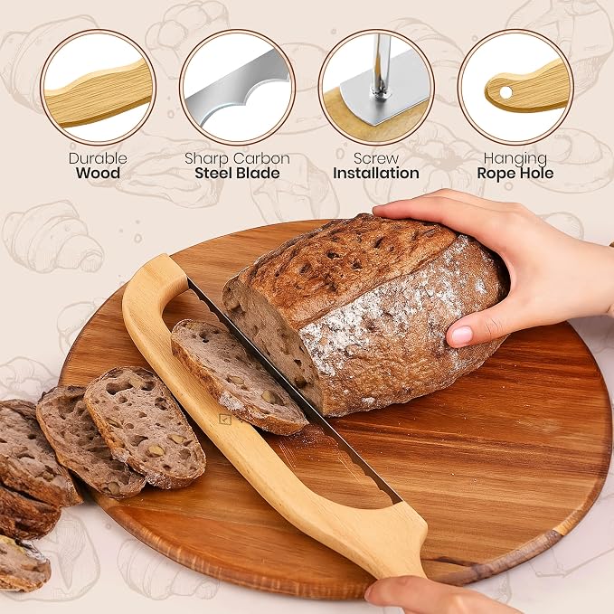 Wooden Bread Bow Knife, 15.7'' Serrated Bread Knife for Homemade Bread with Reliable 1 Extra Blade, Sourdough Slicer and Reusable Bread Bags Set - Gift for Baker