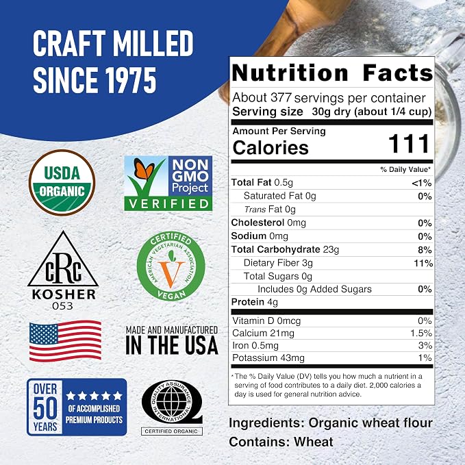 Great River Milling Organic Whole Wheat Pastry Flour | Soft Texture, Lower Gluten | USDA Organic, Non-GMO, Kosher | Ideal for Muffins, Cookies, Cakes & More | 25 Lb (Pack of 1)