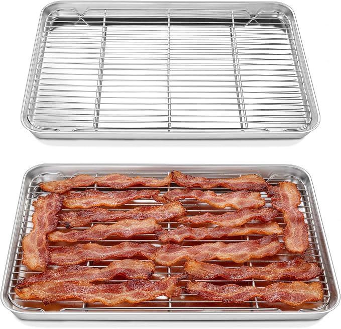 Homikit Baking Sheet with Rack Set (2 Pans+2 Racks), 20x14 Inches Large Stainless Steel Cookie Sheets & Cooling Racks Non Toxic, Big Metal Bacon Crisp Trays for Oven Baking Cooking, Dishwasher Safe