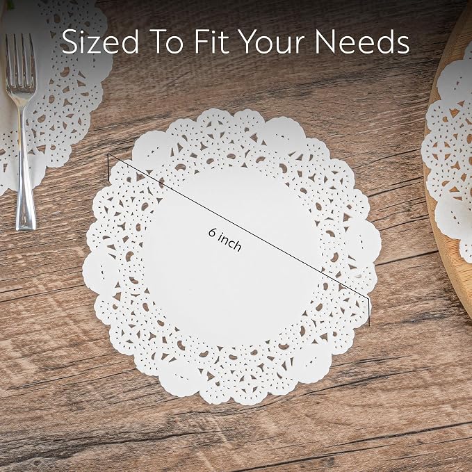 Pastry Tek 6 x 6 Inch Lace Doilies, 100 Decorative Tableware Placemats - Disposable, Round, White Paper Table Doilies, For Birthdays, Or Weddings, Table Decor - Restaurantware
