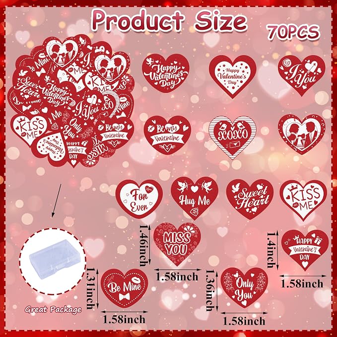 70PCS Edible Heart Cupcake Toppers Wafer Paper Red Sweet Love Be Mine Kiss Me Heart Cupcake Picks Valentine’s Cake Decor for Valentine's Day Theme Wedding Party Supplies