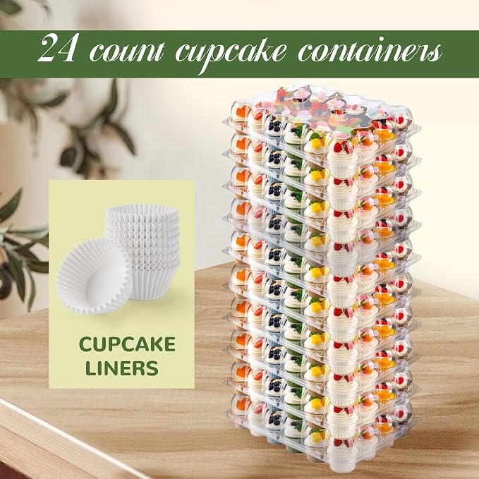 NPLUX 24 Count Cupcake Containers 10 Pack Cupcake Holders Plastic Stackable Cupcake Boxes with Detachable Tall Dome Lids and 240 Liners for 240 Cupcakes, BPA Free, Standard Size