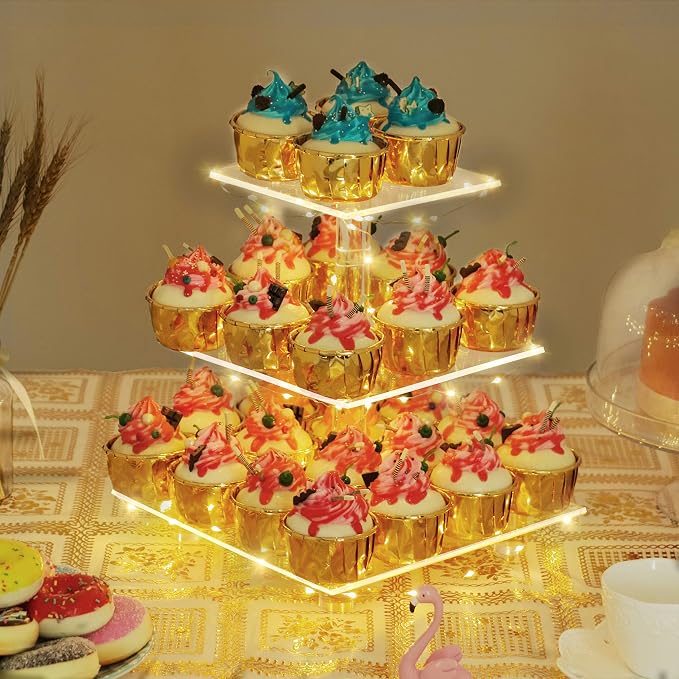 YestBuy 3 Tier Clear Square Cupcake Stand - Premium Cupcake Holder - Acrylic Cupcake Tower Display - Candy Bar Party Décor + LED Light String - Ideal for Weddings, Birthday Parties (Yellow Light)