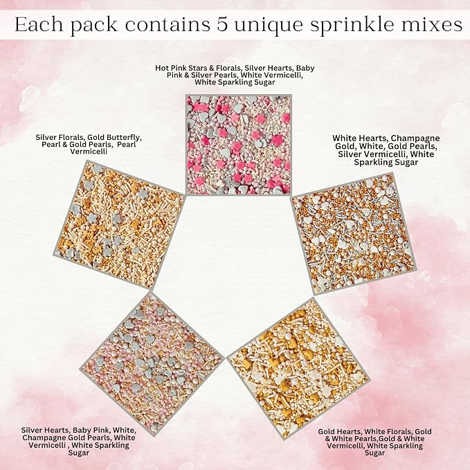 Confect Gold, silver and white Pearl Sprinkles | Sprinkles for Baking, Cookie & Cake Decorative | Valentines Edible sprinkle Mix Pack of 5 -Vegan, Gluten-Free, Nut-Free, Soy-Free, Dairy-Free, Palm Oil-Free -5 Oz