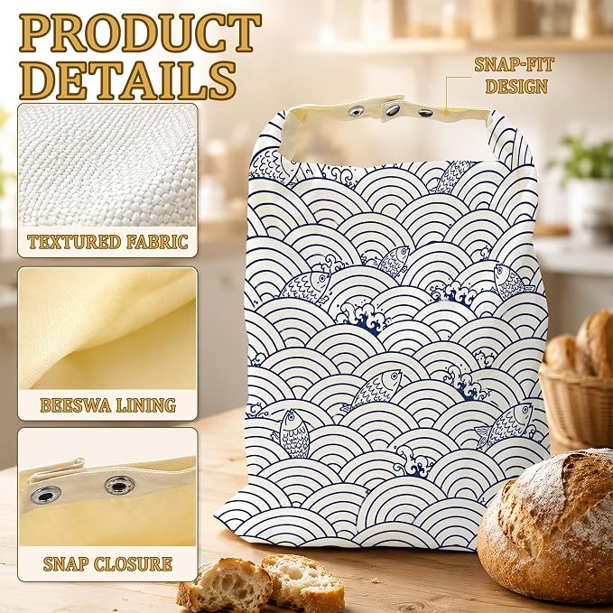 2 Pack Beeswax Japanese Wave Fish Bread Bags for Sourdough Homemade Breads, Reusable Beeswax Bread Blue Ocean Storage Bag, Keep Loaves Fresh Longer, Freezer Safe & Airtight, Zero Waste 17 x 13''