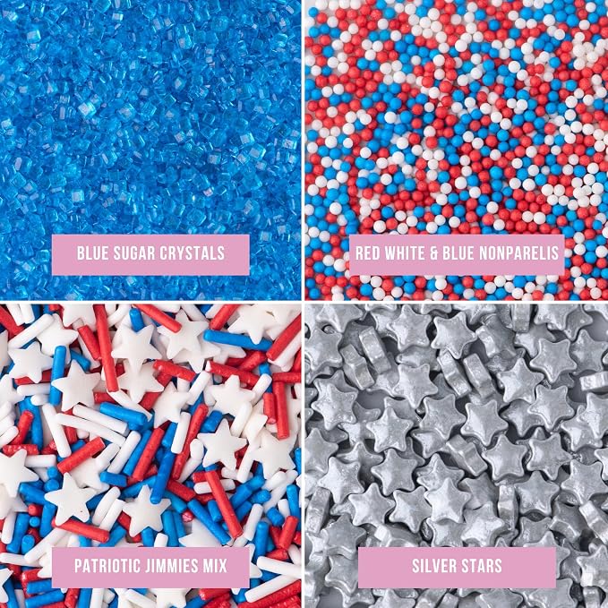 Sweets Indeed 4th of July Sprinkles 4-Pack Set – Patriotic Stars, Sanding Sugar, Nonpareils and Jimmies Mix for Baking & Decorating Cupcakes, Cookies, Cakes & Desserts – 12.25 ounces
