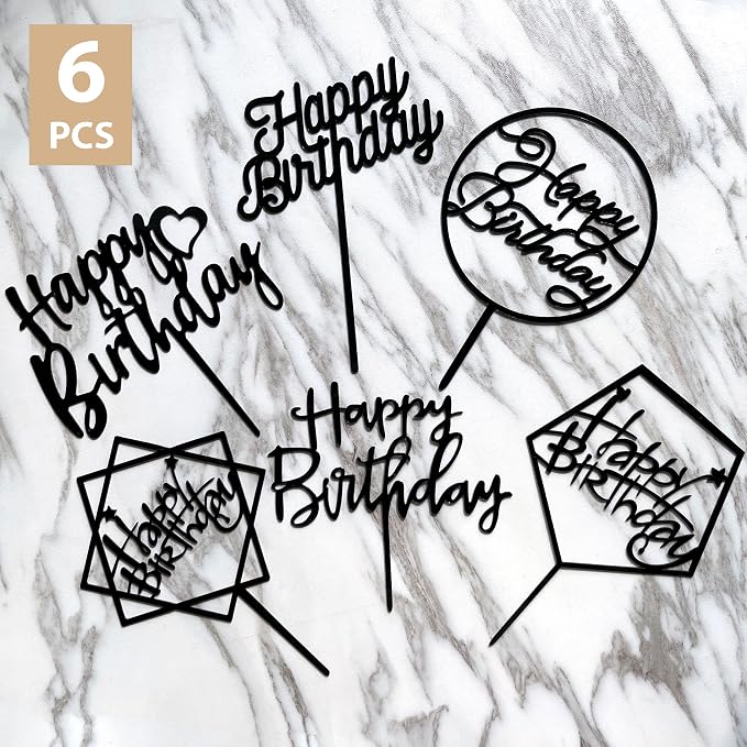 6-Pack Black Birthday Cake Topper Set, Double-Sided Shiny Black, Acrylic Happy Birthday Sign Cake Toppers/Cupcake Toppers, Party Decorations Supplies for Cool Guy.
