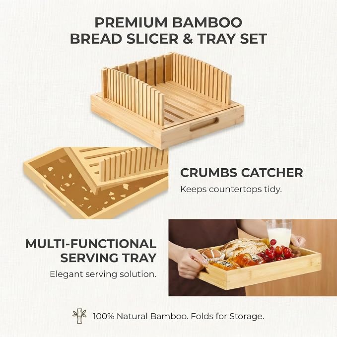 10.5" Extra Sourdough Bread Slicer Guide - Premium Bamboo Bread Cutter with Crumb Tray & Serving Board - Artisan Bread Slicing Guide for Homemade Boules, Sourdough Tools & Gifts