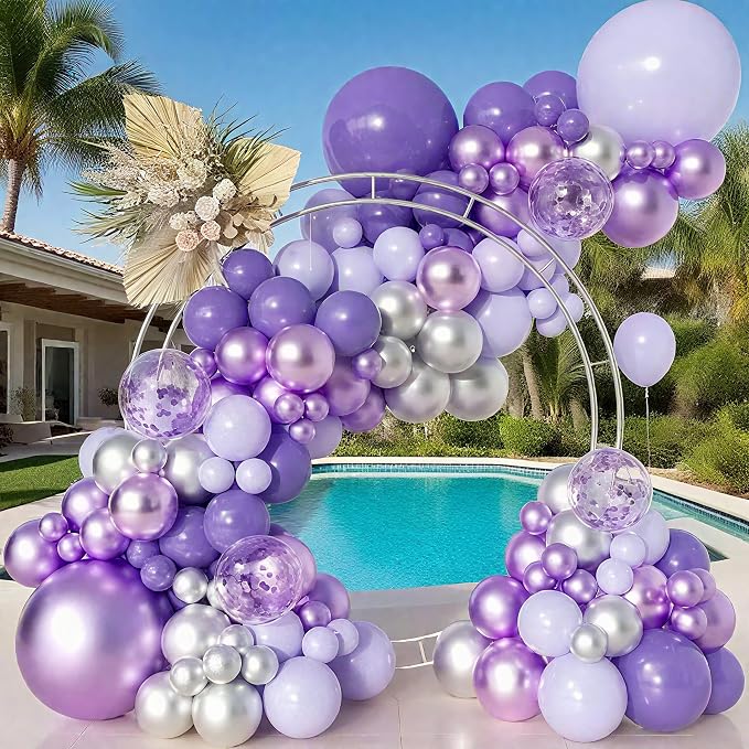 144Pcs Purple Silver Balloon Arch Garland Kit, 18/12/10/5 Inch Lavender Latex Metallic Confetti Silver Balloon Garland For Birthday Wedding Anniversary Graduation Engagement Baby shower Decorations