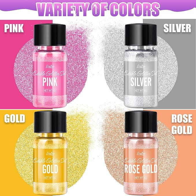 Edible Glitter Set - 4 Colors Edible Luster Dust Metallic Food Grade Coloring Glitter for Drinks, Baking, Cake Decorating - Edible Dust Powder Shimmer Sprinkle Powder for Icing, Wine, Chocolate, Candy