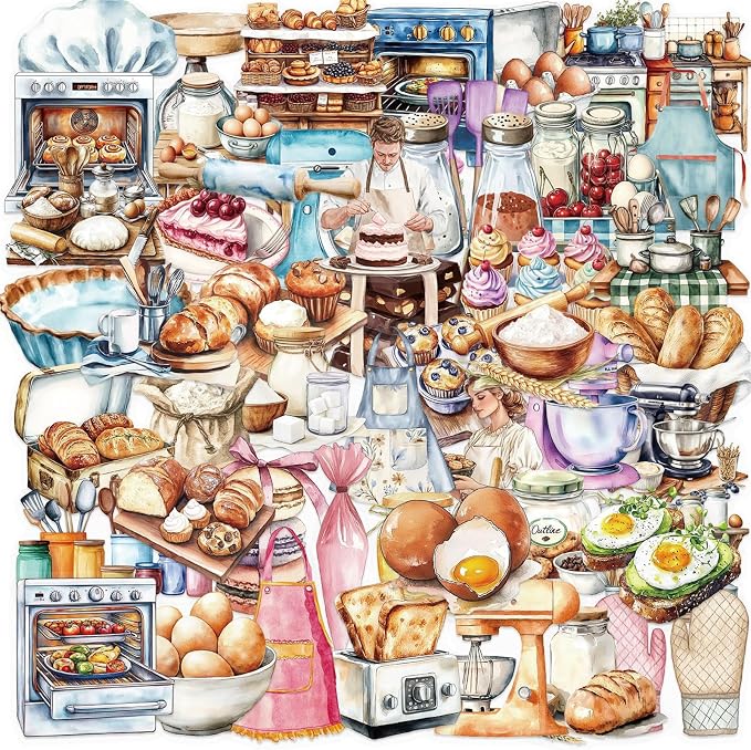 50Pcs Funny Baking Stickers,Realistic Transparent Bakery PET Stickers,Cute Waterproof Sticker for Laptop,Stationery,Luggage Scrapbooking,Water Bottles,Phone Case,Bakery Themed Party Decorations