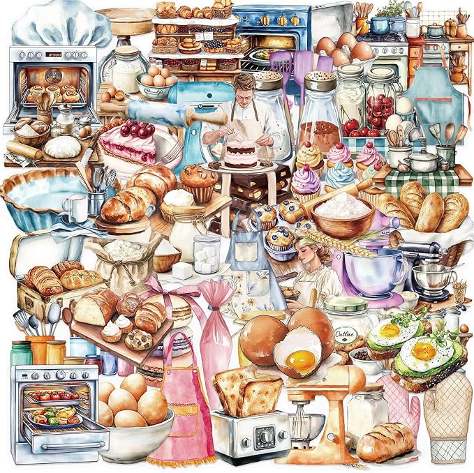 50Pcs Funny Baking Stickers,Realistic Transparent Bakery PET Stickers,Cute Waterproof Sticker for Laptop,Stationery,Luggage Scrapbooking,Water Bottles,Phone Case,Bakery Themed Party (colourful-B11)